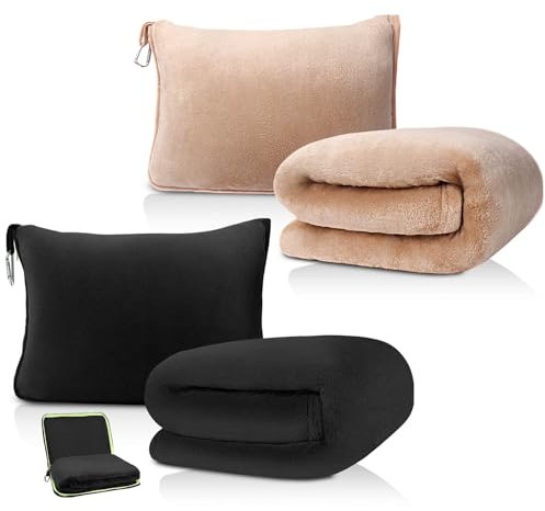 DAWNTREES 2er-Pack Reisedecke,180x100cm,2 in 1 Packbare Flugzeugdecke und Kissen Essential für Flugzeug, Auto, Fernreisen und Outdoor Camping (Reisweiß+Schwarz)