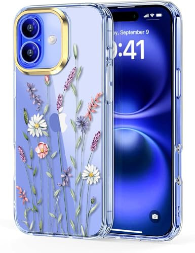 luolnh Case for iPhone 16 for Women Girls,Cute Clear Floral Pattern Hard Back Phone Cover for iPhone 16 6.1 inch 2024-Wildflowers