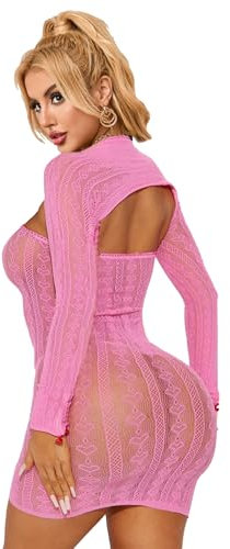 ohmydear Fishnet Body Stockings for Women Lingerie Sets Plus Size Long Sleeve Babydoll Chemise Sexy Nightwear Sheer Mesh Rave Outfits Stretchy Mini Dress Pink