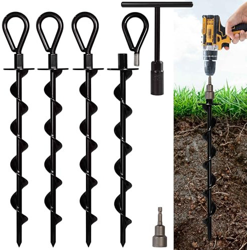 VASGOR 15 Ground Anchors (4pcs) Easy to Use with Drill, Heavy Duty Anchor Hook for Camping Tent, Canopies, Car Ports, Sheds, Swing Sets, Securing Animals – Black Powder Coated