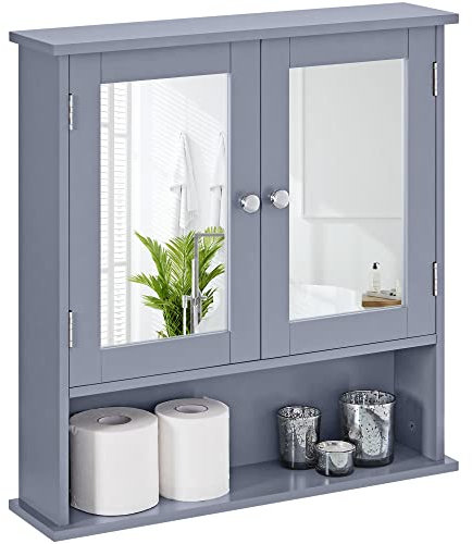 Yaheetech Spiegelschrank Badezimmerschrank, Hängeschrank Badschrank, Wandschrank mit 2 Spiegeltüren und offenem Fach, Grau