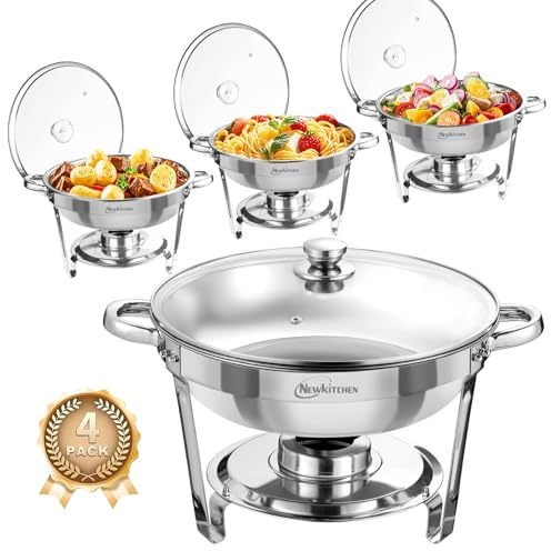 Chafing Dishes for Buffet 4 Pack, 5 QT Round Chafing Dishes for Buffet [Transparent Glass Cover] Stainless Steel Chafing Dish Buffet Set for Any Party
