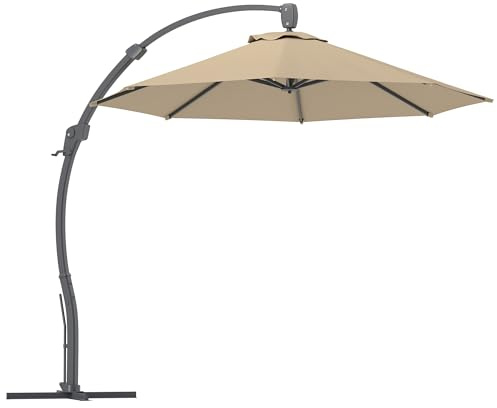Outsunny 3(m) Garden Cantilever Parasol, Round Overhanging Umbrella with Crank Handle, Cross Base, Aluminium Frame and 360° Rotation, Banana Patio Umbrella for Outdoor Sun Shade, Khaki