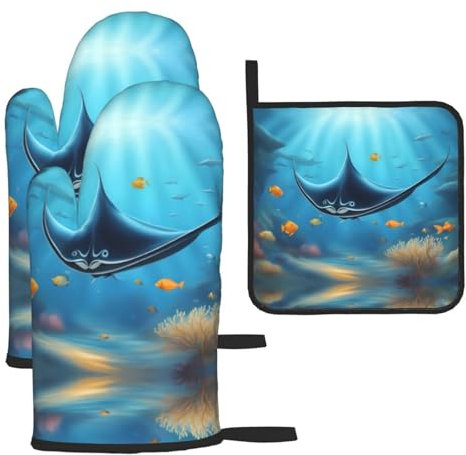 WZYWHJ Manta Ray and Fish Printing Oven Mitts Pot Holders Set of 3 - Thick, Durable, and Waterproof Fabric for Heat Protection
