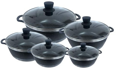 Reldor Die Cast Stockpot Set 5 Piece Non Stick Cooking Pot Casserole Set, Cookware with Non-Stick Marble Coating, Bakelite Knobs, Granite Cookware Pots – Suitable for Most Types of Hobs, Black