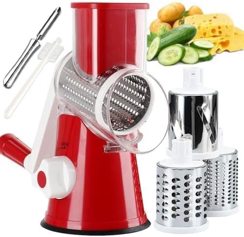 KISPATAI Vegetable Mandoline Slicer Chopper- Rotary Cheese Grater with 3 Interchangeable Ultra Sharp Cylinders Stainless Steel Blades(Red)