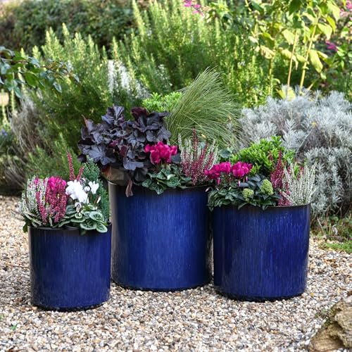 Garden Gear Ocean Blue Glazed Cylinder Planter Flower Pot, Frost & UV Resistant, Recycled Plastic, Pre-Drilled Drainage, 26cm, 31cm, 36cm 1, Set of 3 (Each Size)