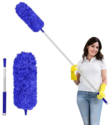Fogray 2025 Upgraded Extendable Feather Duster with Soft Silicone Cap, Telescopic Long Handled Microfiber Dusters for Cleaning, Cobweb High Ceiling Fan Roof Blinds Cars, Washable & Bendable(Darkblue)