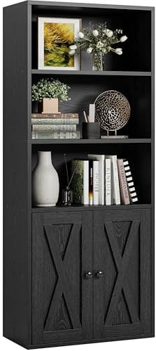 IRONCK Bücherregal mit 2 Türen, Standregal mit 5 Ebenen, Industriestil Bücherschrank, Vitrinenschrank Aufbewahrungsregal für Arbeitszimmer, Büro, Wohnzimmer, Schlafzimmer, Schwarz