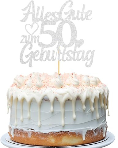 Sumerk Silber Glitzer Kuchenaufsatz zum 50. Geburtstag, Doppelseitiger Glitzer Kuchenaufsatz zum 50. Geburtstag – 1 Stück