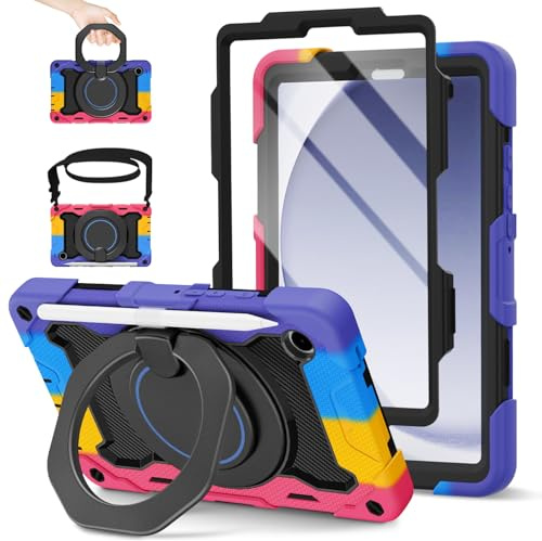 ROISKIN For Samsung Galaxy Tab A9 Case 8.7 inch 2023: Heavy Duty Shockproof with Screen Protector & Rotating Stand & Shoulder Strap & Pencil Holder for Samsung A9 Tablet Case,Black-Pink