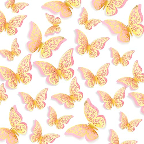 Outus 120 pièces de décor mural 3D papillon en or rose, autocollants muraux creux amovibles pour chambre, salon, décoration de maison