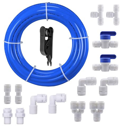 HUAZIZ 10Meter Blau Universal Anschluss Set, 14 Stück RO Water Filter Fitting für 3/8 Zoll 9,53mm Schlauch,Kühlschrankschlauch, Wasserschlauch(Y+T+I+LTyp+Absperrventil)+1Stück Schwarzer Rohrschneider