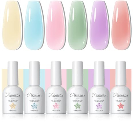 PEACECOLOR UV Nagellack Set, 6 Farben Gel Nagellack Gelb Grün Blau Rosa Violett Soak Off UV/LED Jelly Nail Polish Transparent, 10ML