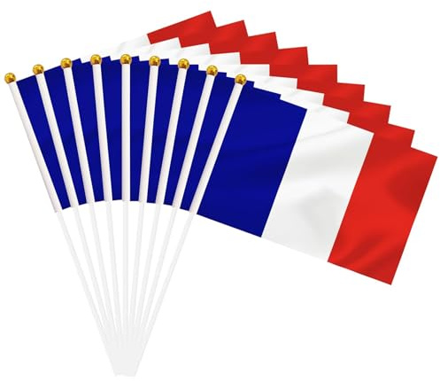 20 Pezzi Bandierine Francia con Asta, Bandiera Francese Piccola 14 x 21 cm, Mini Bandiere Manuali per Eventi Sportivi, Feste Nazionali, Parate e Decorazioni
