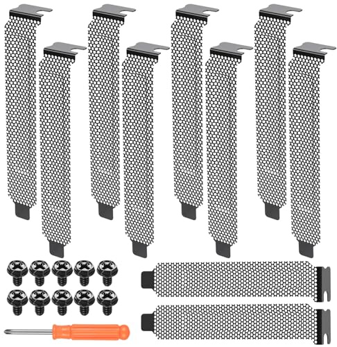 10 Pcs PCI Slot Covers Filter Plate Covers, Dustproof Steel Standard Computer Case PCI Slot Cover Dust Filter Bracket Expansion Blanking Plate Vented for PC Accessories + Screws/Screwdriver(120x20mm)