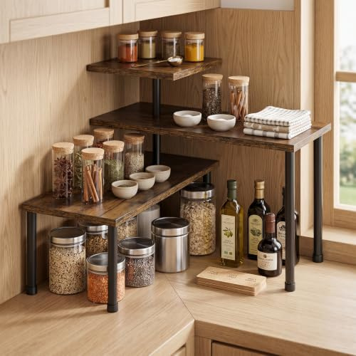 Estanteria Esquina para Cocina Encimera, Estanteria Cocina Ajustables | 3 Niveles, Ahorro de Espacio Estanterias Madera y Metal, Pequeño Organizador de Especias, Café y Tazas