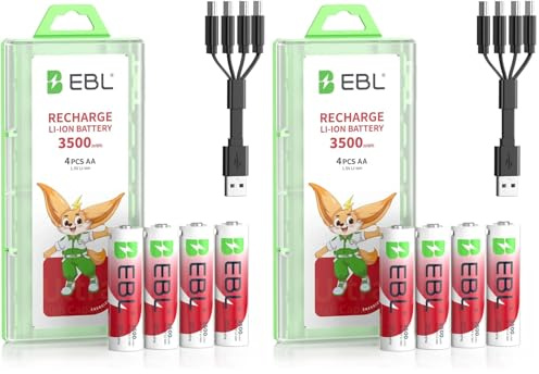 EBL 1.5V Lithium AA Rechargeable Battery - 3500mWh High Capacity with 4-in-1 USB-C Charging Cable, USB-C AA Battery, No Charger Needed to Charge Anywhere (Pack of 2)