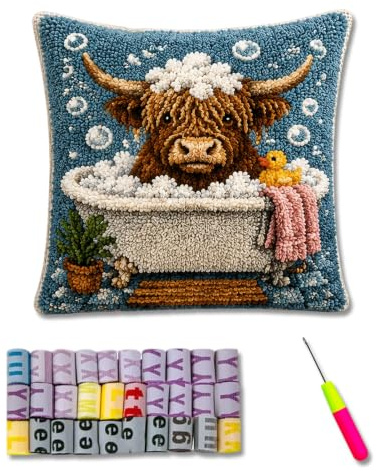 Velvahue Knüpfen Kissenbezug Set 45x45cm, Highland Cow Knüpfkissen | Knüpfteppich zum Selber Knüpfen für Erwachsene, DIY Gehäkelter Kissenbezug für Wohndekoration, Highland Kuh Geschenke