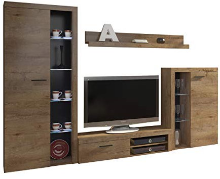 Wohnwand Rango, Design Wohnzimmer Set, Modernes Anbauwand, Schrankwand, Vitrine, TV Lowboard, Mediawand, (ohne Beleuchtung, Lefkas Eiche)