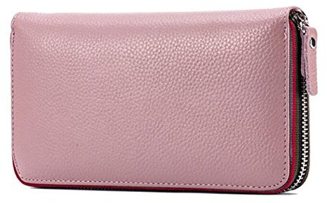AprinCtempsD Portefeuille Longue en Cuir Véritable Petit Pochette Grande Capacité Porte-Carte Zipper pour Femme (Pink)