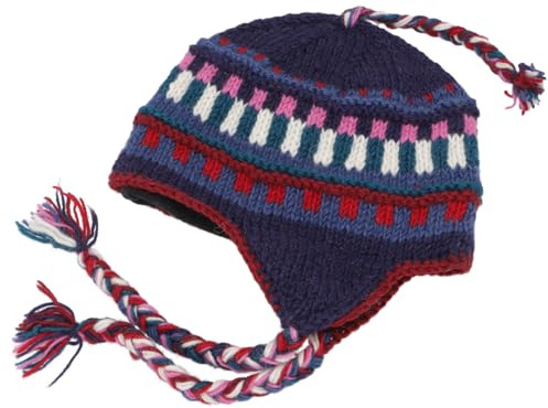 GURU SHOP Wollmütze mit Ohrenklappen, Norwegermütze, warm, blau/rosa | Fleecefutter, ideal für kalte Tage, Unisex, aus Nepal, geflochtene Zöpfe
