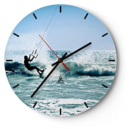 Modern Wanduhr Drachen-Surfen Wasser Ozean 40x40cm Rund Groß Wand Uhr Glas Analog Zimmeruhren Küche Büro Wohnzimmer Glasuhr Wall Clock Dekoration Design Wanddekoration Küchenuhr C3AR40x40-2385