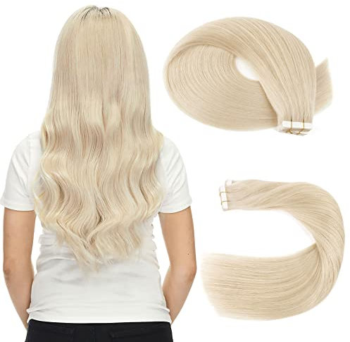 Sassina Tape in Extensions Platinaschblond Wiederverwendbare Unsichtbare Nahtlose Skin Weft Tape in Haarverlängerungen Remy Menschenhaar 20 Stück 50g 50cm #60