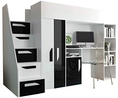 Etagenbett für Kinder Hula 14 Stockbett mit Kleiderschrank, Schreibtisch und Treppe, Farbauswahl, Kinderbett (Weiß/Weiß Hochglanz + Schwarz Hochglanz, ohne Matratze)