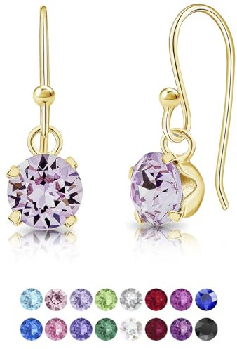DTPsilver® Pendientes Pequeños Plata de Ley 925 Chapados en Oro Amarillo con Cristal Swarovski® 6 mm - Pendientes Dorados Mujer - Pendientes Violeta
