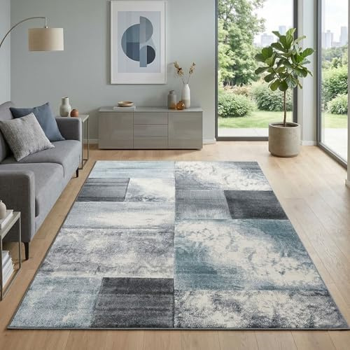 Carpetsale24 Teppich 200x290 cm Kurzflor Konturenschnitt in Blau Grau Weiß Kariertes Design, Extra Weich, Pflegeleicht, Waschbar Für Wohnzimmer, Schlafzimmer, Esszimmer