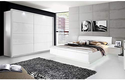 expendio Schlafzimmer Sophie 20C weiß teilweise Hochglanz Doppelbett mit 2X Nachtkonsole Schwebetürenschrank mit Beleuchtung