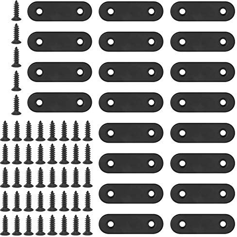 Glarks 20 Sets 50mm Flat Straight Corner Brace Black Metal Joint Plate Connector Repair Fixing Bracket with 45Pcs Screws for Wood Furniture (50x2mm)