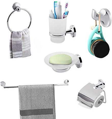 6Pcs Bathroom Accessory Set, Including Paper Towel Holder Hook Toothbrush Holder and Soap Dish, 6 in 1 Chrome Plated Zinc Wall Towel Holder Kit, for Families Hotels Dormitories Apartments