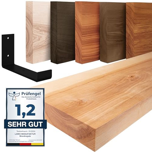 LAMO Manufaktur Wandregal Holz Gerade | Regal Farbe: Natur | mit schwarzem Industrial Regalträger | 140 cm