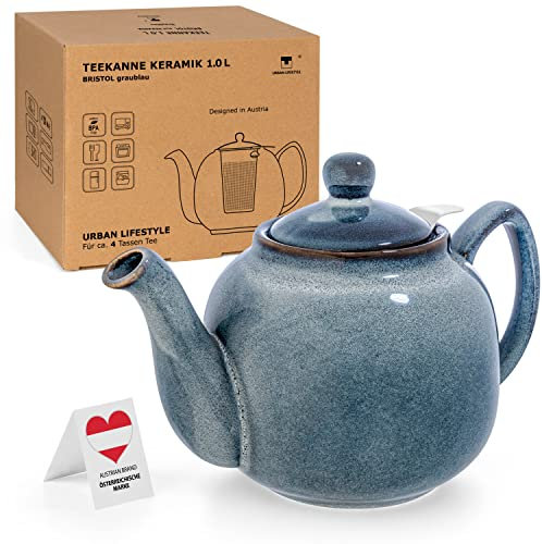 Teekanne Bristol mit schattierter Glasur handglasiert (Graublau mit Filter) Teapot Englisch 1 Liter aus Edelkeramik Handglasiert