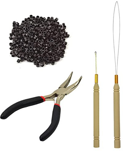Microring Haarverlängerung Set mit 1 Microring Hair Zangen 1 Stück Microring Nadel Einfädler 1 Ziehen Haken und 500 Stück Microringe für Haarverlängerung Zubehör (Dunkelbraun)