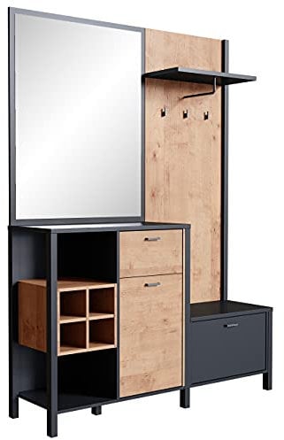 NEWFURN Garderobe Set mit Schublade Anthrazit Wildeiche Flurgarderoben Set Modern Industrial - 144,5x200x40,2 cm (BxHxT) - Kompaktgarderobe Holz Garderobe Komplett Garderobenset Flur Diele - [Cluster]