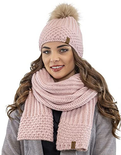 VIVISENCE Trendiger Damen Winter Set Aus Bommelmütze Mit Schal Aus Wärmendem Garn Mit Vlies-Innenfutter Antistatische Perfekte Passform Für Kalte Wintertage Modisches Design, Puderrosa,Einheitsgröße