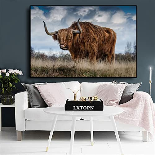 LXTOPN Bild auf Leinwand Highland-Cow Motiv - 40x60cm Leinwand Bild Set für Landhausstil, Hochlandrind Bilder Wohnzimmer Dekoration mit Naturmotiv-Kein Rahmen. (Blaubraun)