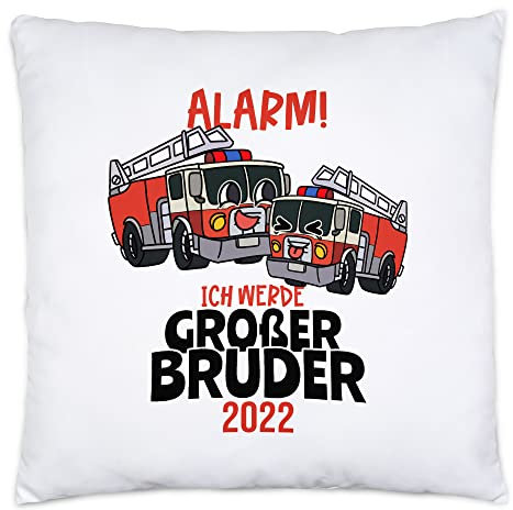 Hey!Print Ich Werde Großer Bruder 2022 Kissen Inkl. Füllung Ankündigung Schwangerschaft Feuerwehr-Auto Alarm Babynews