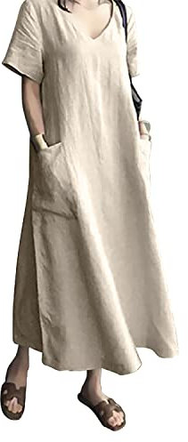 AUDATE Women's Linen Short Sleeve Dress Solid V Neck Dress Summer Cotton Maxi Dress Beige 3XL