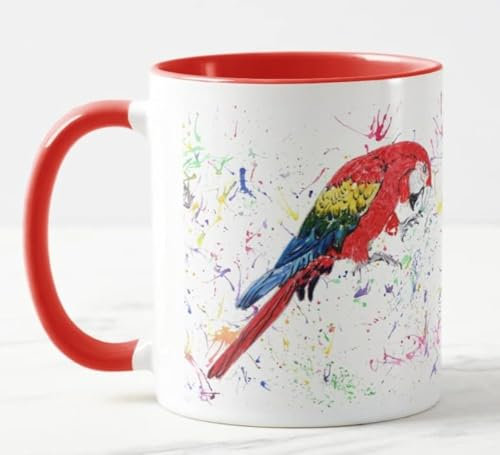 Vixar Tasse colorée avec ara, perroquet, oiseau, aquarelle, cadeau, anniversaire, travail, bureau, Noël, thé, café (rouge)