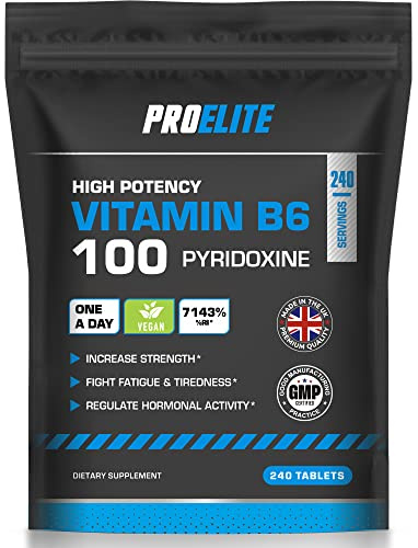 PRO-ELITE Vitamin B6 Tablets High Strength 100mg 240 Tablets Vegan Healthy Metabolism & Reduction of Tiredness & Fatigue, Normal Immune & Nervous System Function - UK Made, GMP Approved