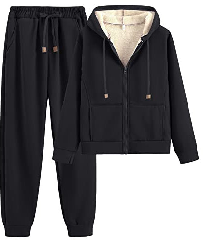 amropi Tuta da Donna Vello Foderato Cappotto con Cappuccio e Pantaloni Inverno Caldo Jogging Tute Nero,XL