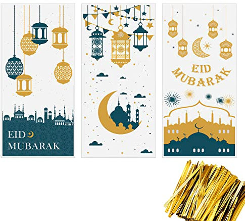 150PCS Eid Mubarak Party Treat Taschen, Ramadan Thema Gedruckte Muster Geschenk Taschen Cellophan Klare Kunststoff Goody Favour Taschen mit Gold Twist Krawatten für Eid Mubarak Party, 27 × 13cm