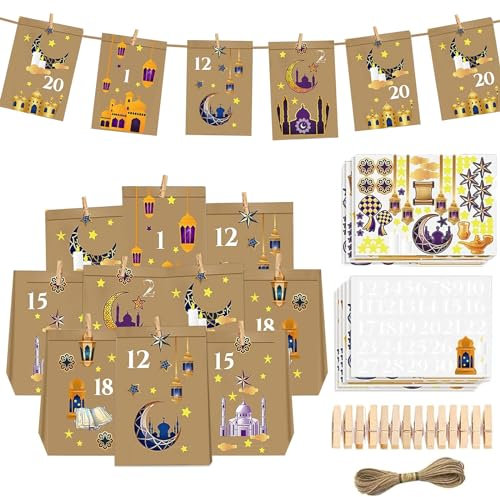 Ramadan Kalender zum Befüllen-Eid Mubarak tüten, 30 Stück Eid Mubarak Geschenktüten, DIY Ramadan Tüten Zum Befüllen Deko Candy Tasche für Islamischen Muslim Eid Party mit 36 Clips,Sticker,10m Juteseil