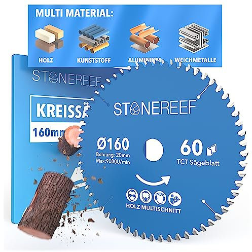 STONE REEF Lame de scie circulaire 160x20 cm compatible avec scie plongeante et scie circulaire de Bosch, Makita, idéale pour le bois, le métal et l'aluminium