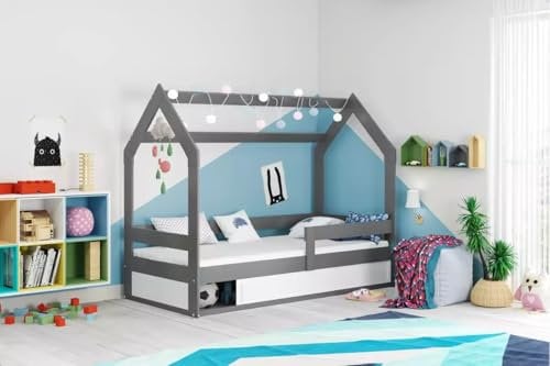 Interbeds Hausbett Kinderbett 80x160cm mit Lattenrost und Stauraum unter Bett Jugendbett mit Rausfallschutz sehr Stabiler Konstruktion komfortabel funktional Einzelbett (grau)