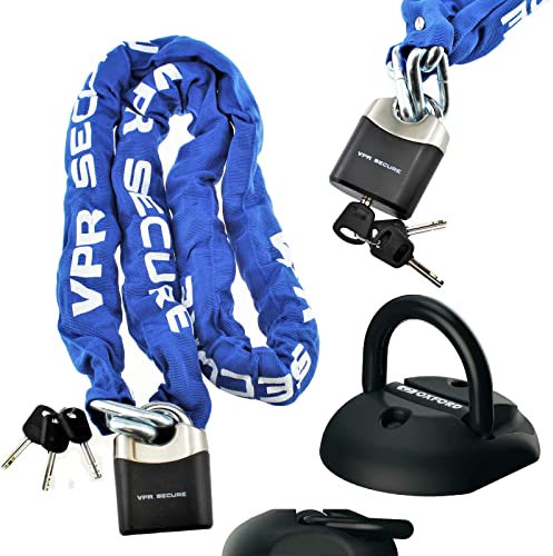 Oxford Task Force Sold Secure Gold FLIP Ground Anchor with VPR Sabre Hard Steel Motorbike Motorcycle Security Chain Lock Scooter Bicycle Quad Bike Safety Bundle - Blue (1.8m)